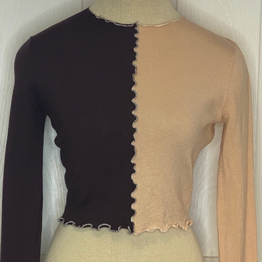 Twik Y2K Style Brown Pink Long Sleeve Crop Top Colorblock Petite Small - Picture 4 of 17